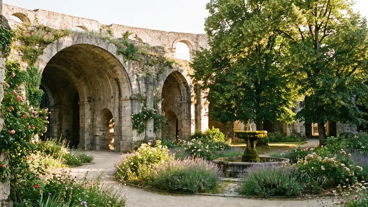 Arcos y pasajes abovedados del anfiteatro galorromano de Périgueux en el Jardín de las Arenas, un jardín público lleno de flores