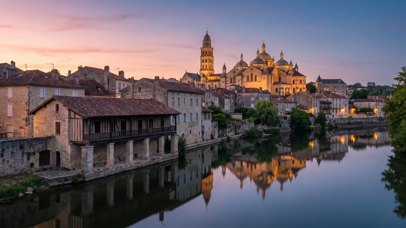 Los muelles del río Isle en Périgueux al atardecer (Dordoña) — destino del traslado privado Burdeos → Périgueux