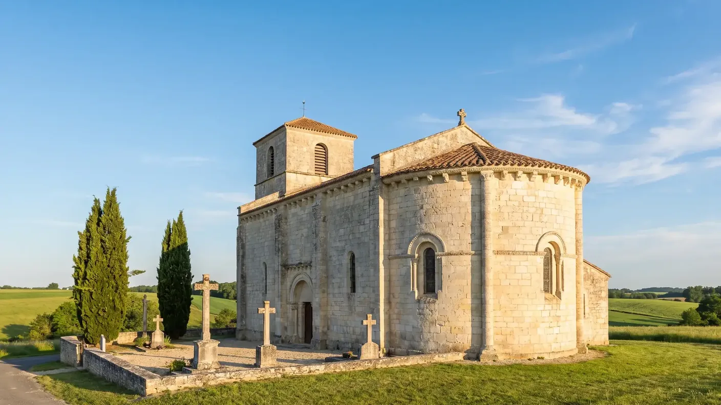 Pequeña iglesia románica rural en Charente, con muros de piedra caliza clara y ábside semicircular