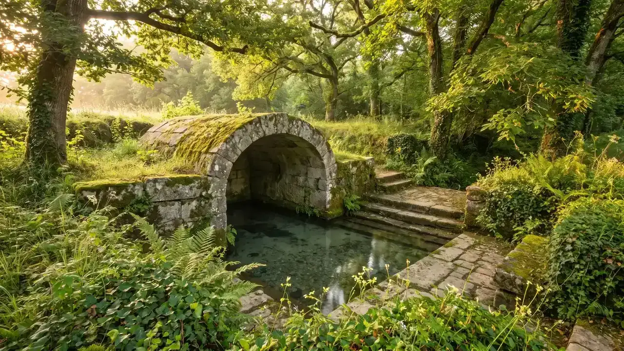 Antigua fuente de piedra abovedada y cubierta de musgo en lo profundo de un bosque de Charente, con un estanque de agua clara, helechos y hiedra