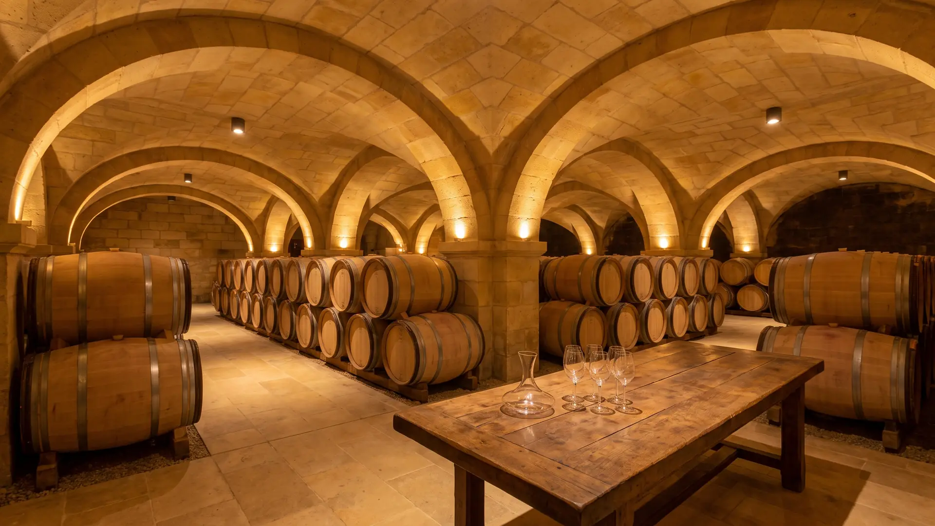 Barricas alineadas en una bodega de piedra de Pomerol