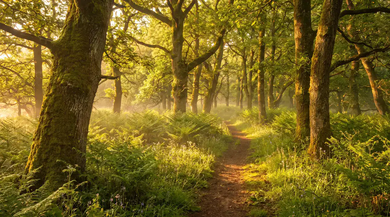 Bosques de robles y castaños cerca de Pompignac, bañados por una luz cálida, con un tapiz de helechos y un sendero entre los troncos