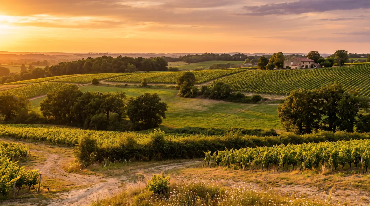 Laderas del este de Burdeos, cerca de Pompignac, al atardecer; laderas cubiertas de viñedos y campos; una granja de piedra a lo lejos