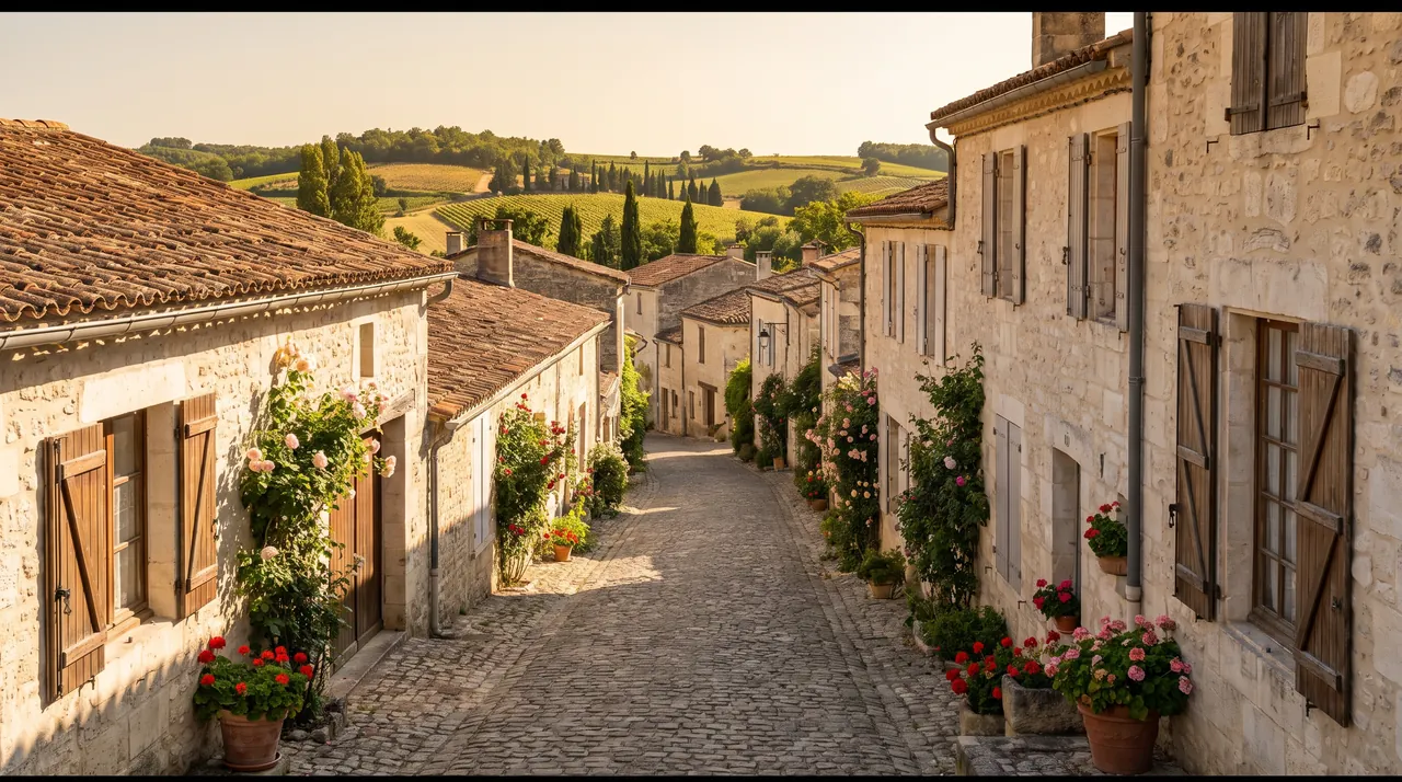 Callejuela tranquila de una aldea de piedra cerca de Pompignac, casas luminosas con contraventanas y tejados de tejas, sin coches