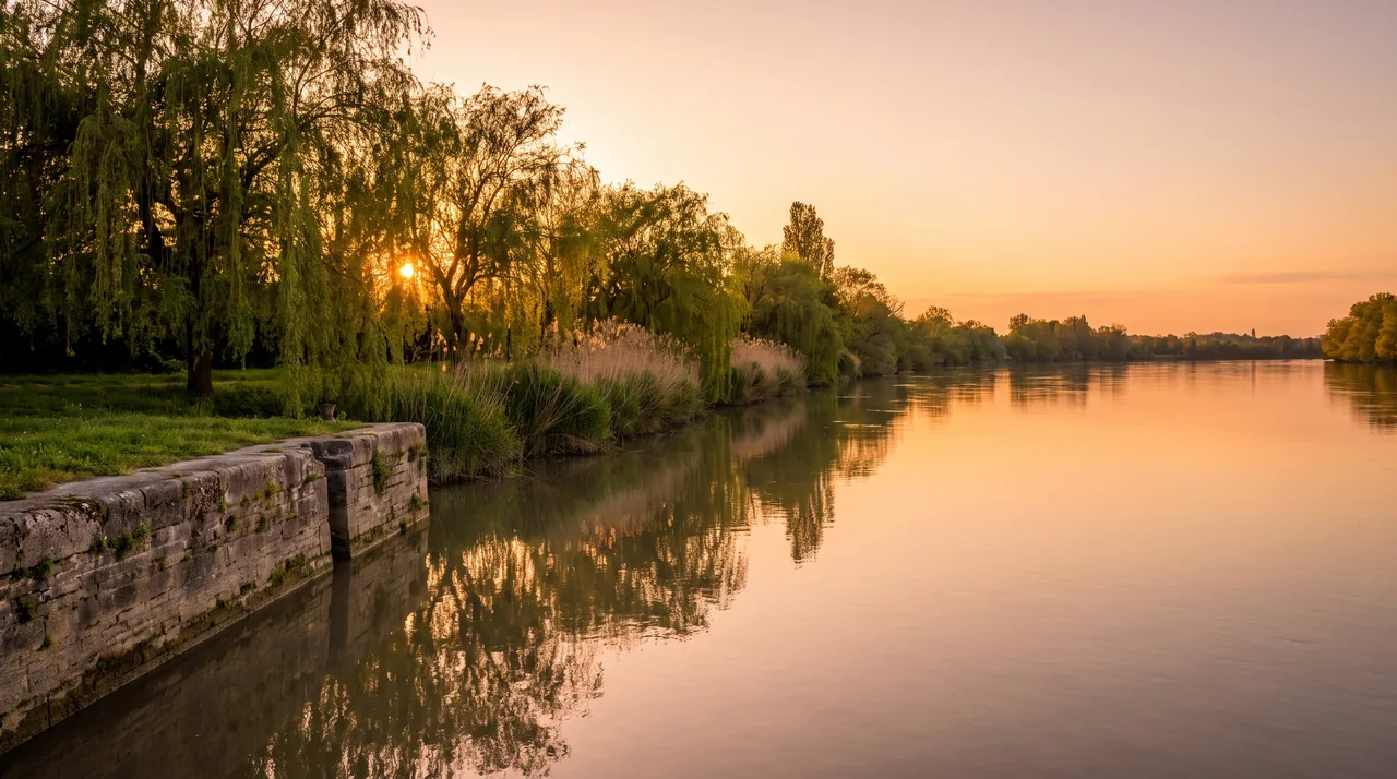 El río Garona, tranquilo al atardecer, a lo largo de una orilla con un muelle de piedra en Portets, sauces y juncos