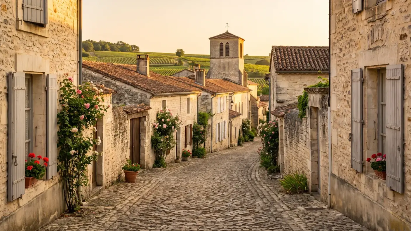 Una callejuela tranquila de un pueblo vinícola de las Graves, casas de piedra clara con contraventanas, un campanario al fondo, una luz cálida