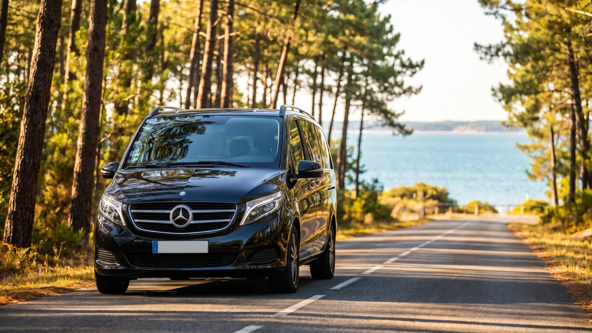 Furgoneta con una familia a bordo en la carretera de la bahía de Arcachon