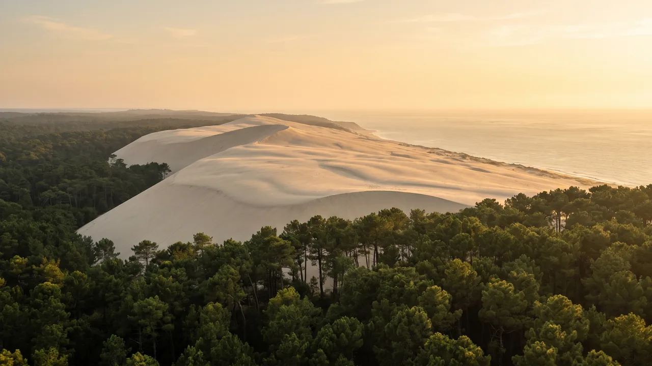 La duna de Pilat, sobre el bosque de pinos, con la arena esculpida por el viento
