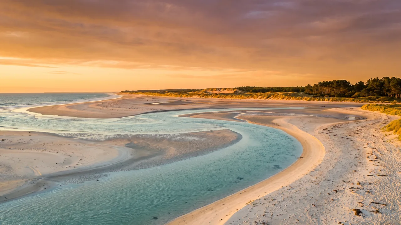 La desembocadura resplandeciente de la bahía de Arcachon, que se une al océano al atardecer, con bancos de arena pálidos y canales de color turquesa