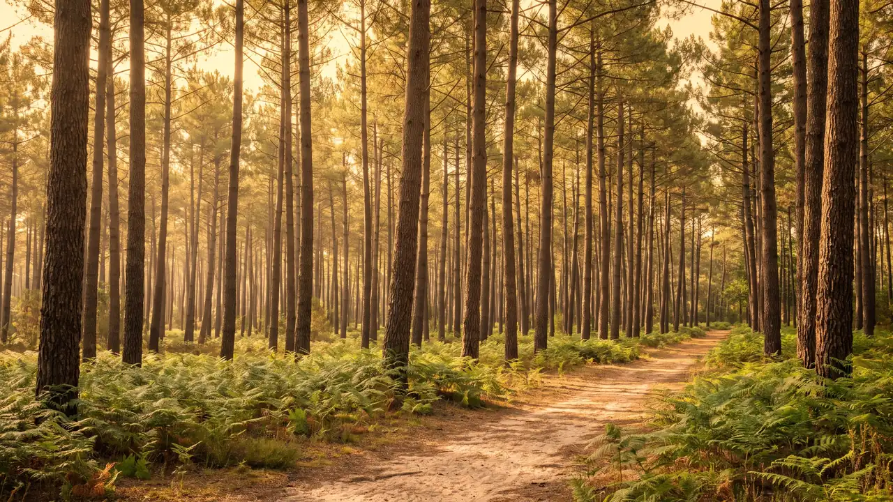 Bosque llano de pinos marítimos en Pyla-sur-Mer, con troncos esbeltos, un manto de helechos y un sendero arenoso bajo una luz cálida