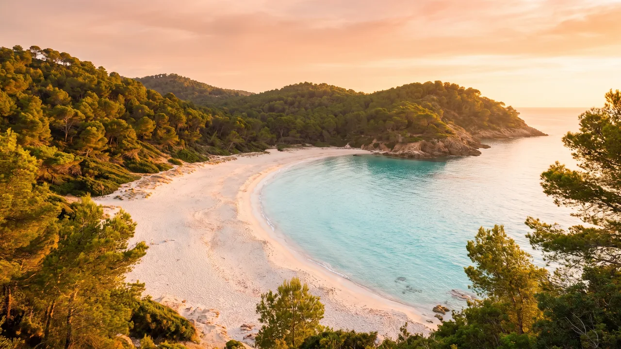 Pequeña playa de arena protegida en Pyla-sur-Mer, rodeada de laderas cubiertas de pinos y arena clara, con aguas tranquilas de color turquesa