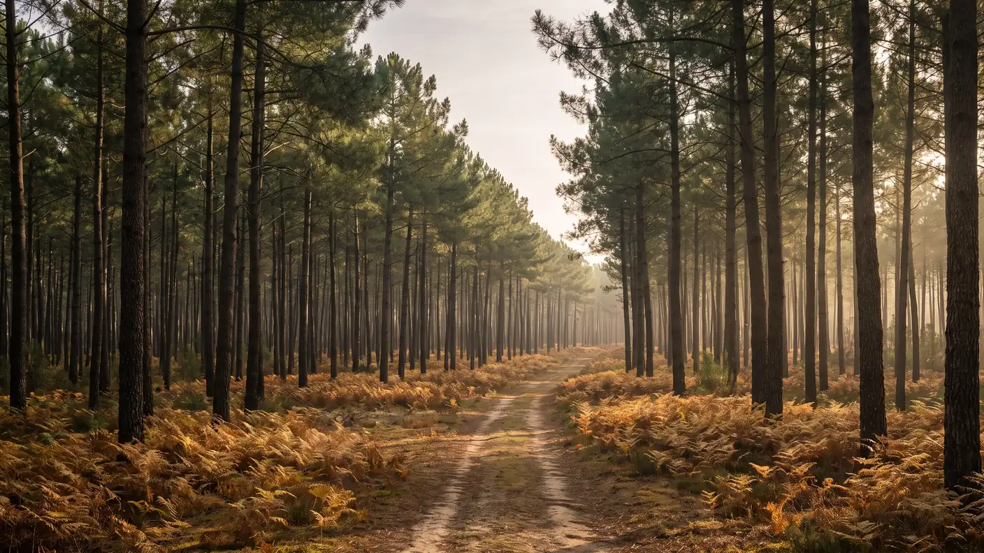 Bosque de pinos marítimos de las Landas de Gascuña, cerca de Réaup-Lisse, suelo cubierto de helechos y una avenida forestal bañada por la luz