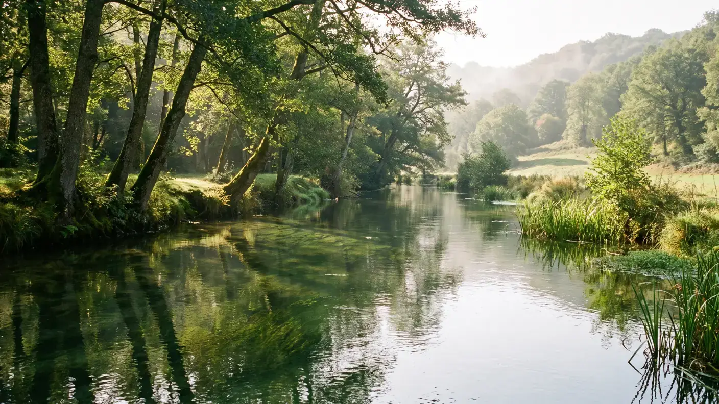La Gélise, un pequeño río verde que serpentea por un bosquecillo cerca de Réaup-Lisse, con orillas cubiertas de musgo y reflejos
