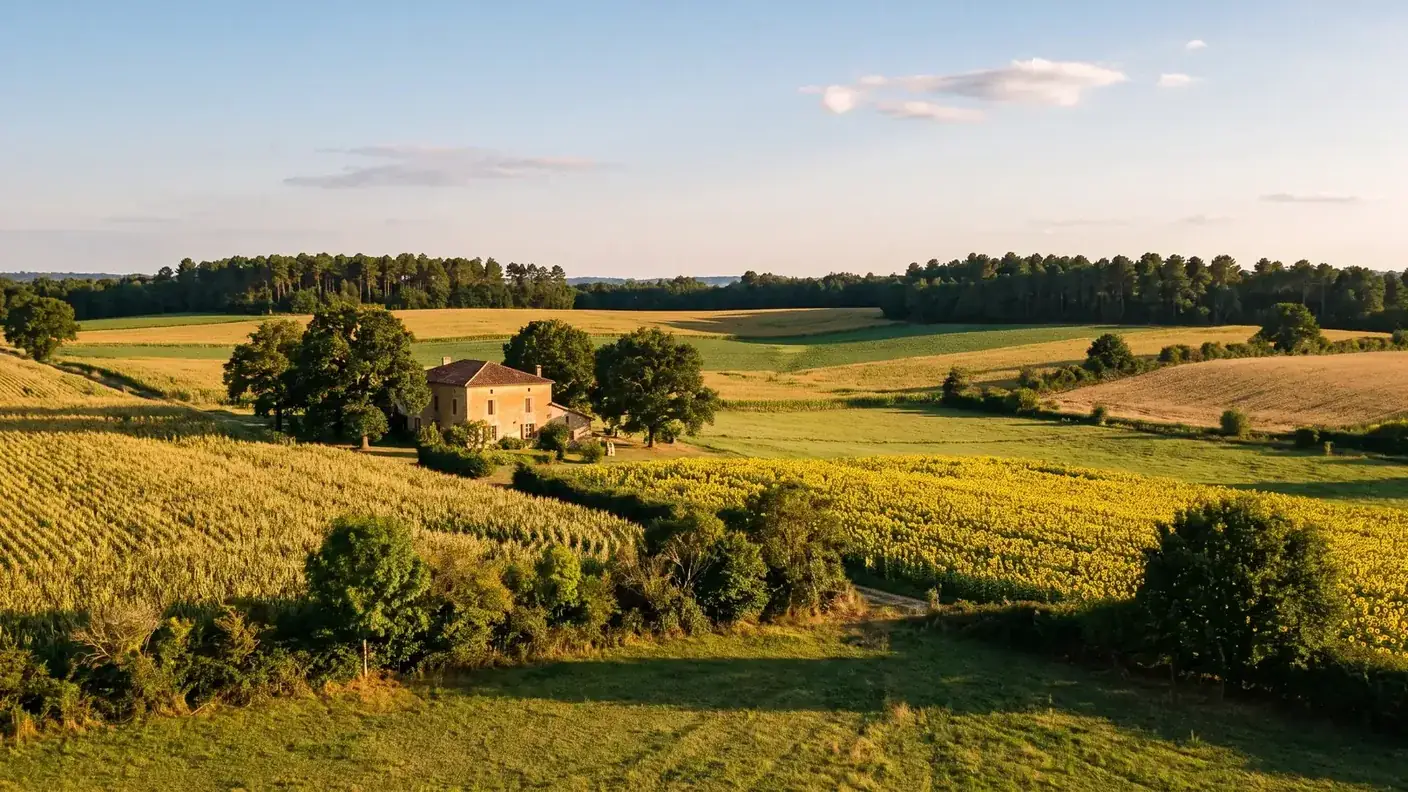 Campiña ondulada al borde del bosque, cerca de Réaup-Lisse, con campos, setos y una hilera de pinos oscuros en el horizonte