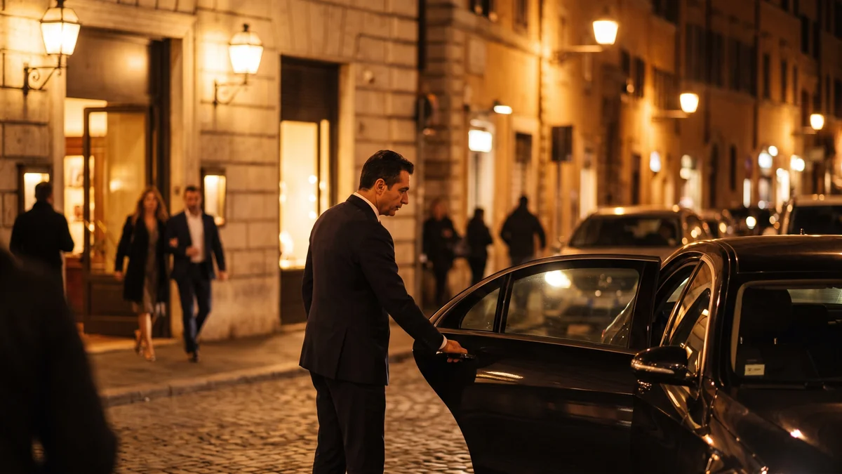 A private nighttime chauffeur opening the door of a black sedan for an evening out in Bordeaux
