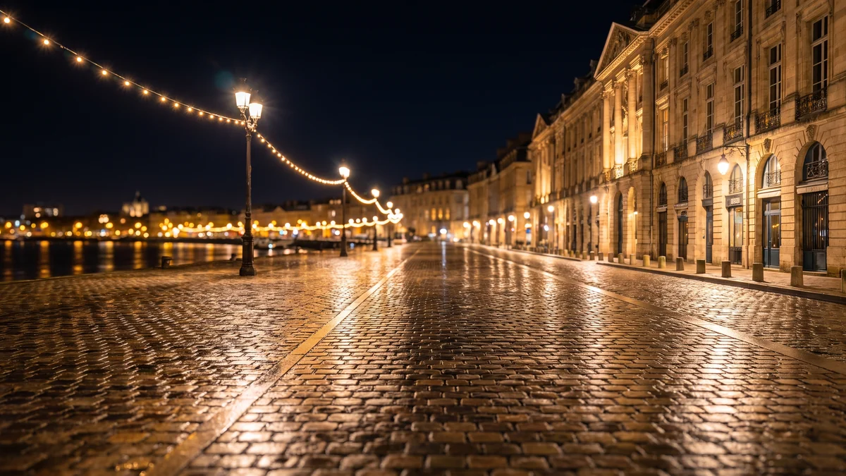 Chauffeured Sedan outside clubs and restaurants on Bordeaux's Quai de Paludate at night