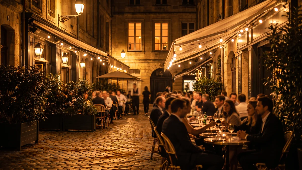 Lively terraces lit up at night in a lively neighborhood of Bordeaux