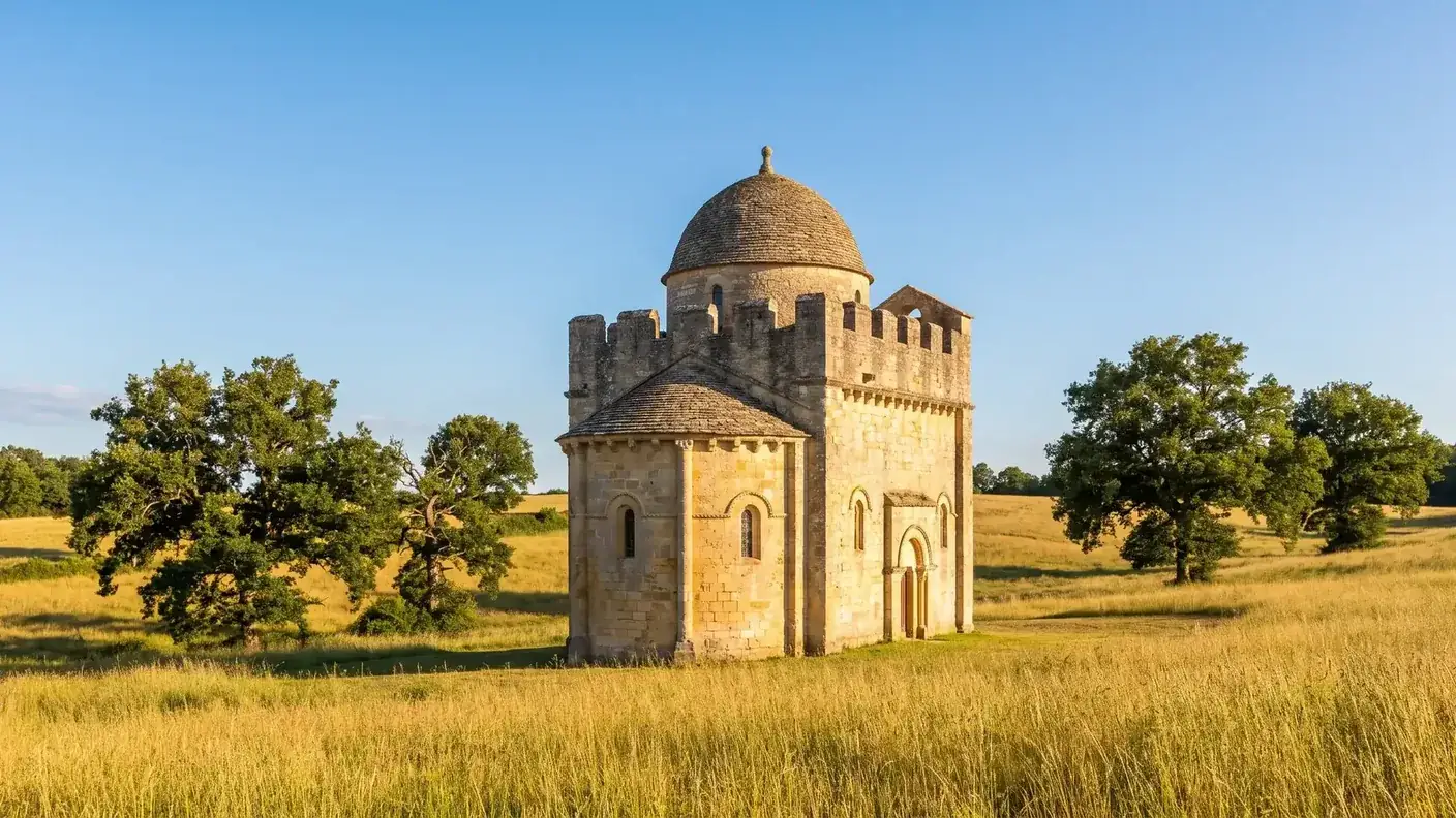Iglesia románica con cúpula en la campiña de Ribéracois