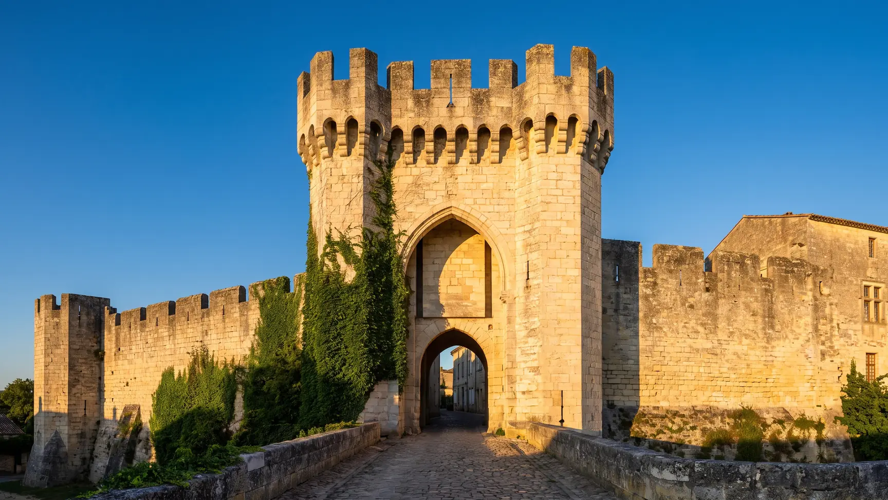 Una imponente puerta fortificada medieval con matacanes y almenas, a la entrada de un pueblo amurallado de Gironda