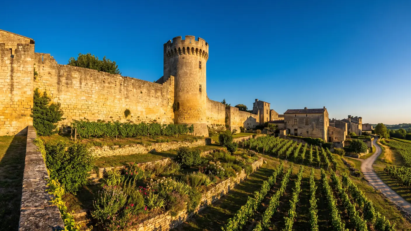 Un tramo de murallas medievales y una torre almenada de piedra dorada que domina los viñedos, en Gironda