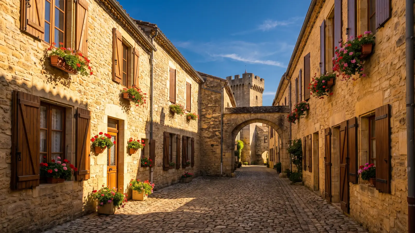 Una callejuela empedrada de la Edad Media, flanqueada por casas de piedra dorada, con una torre fortificada al final, en Gironda