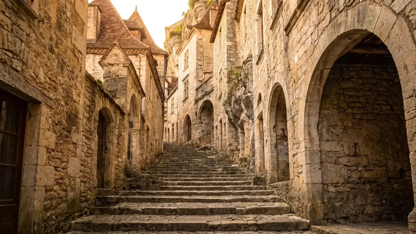 Gran escalera que sube hacia el santuario de Rocamadour