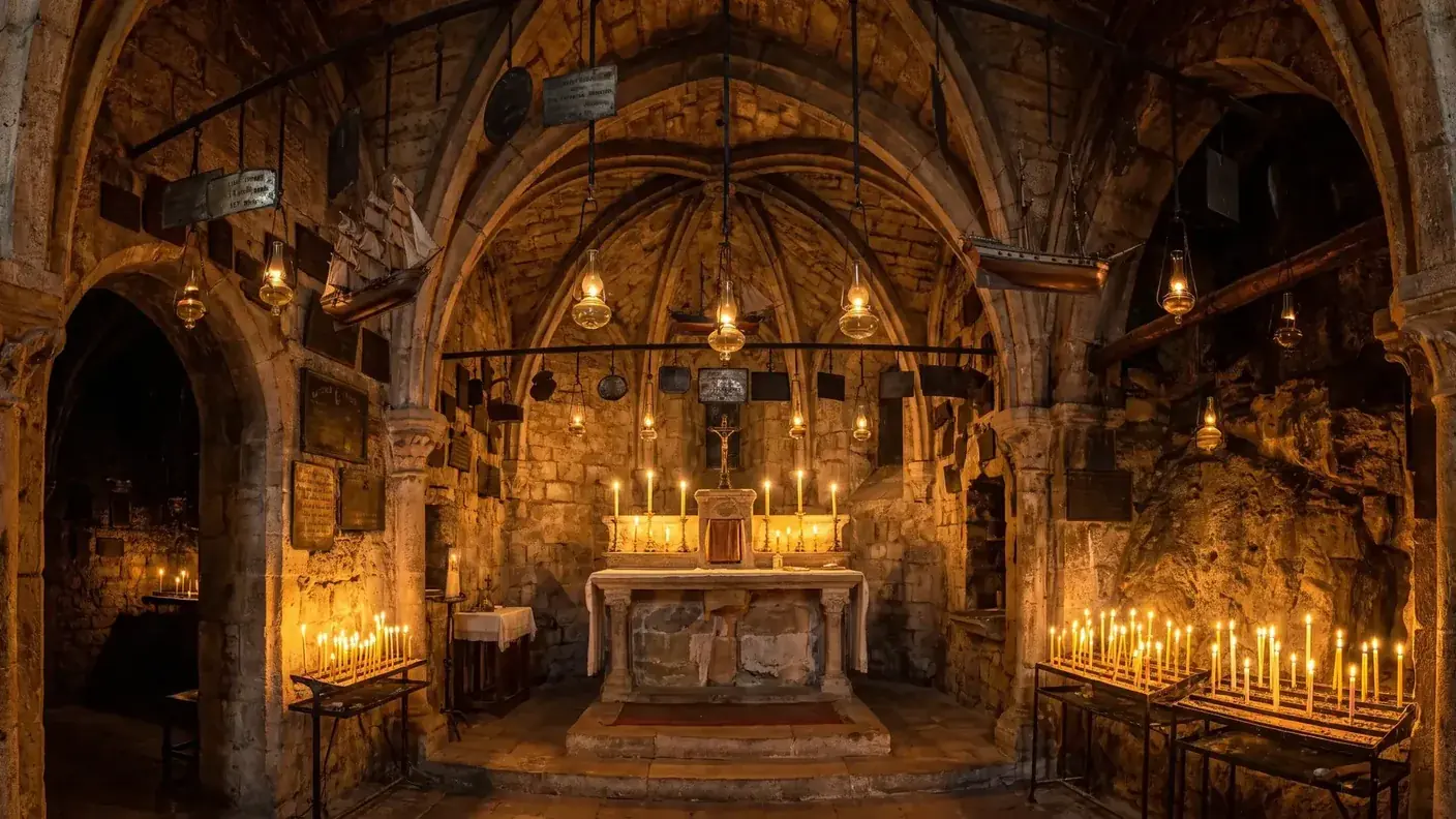 Capilla de Rocamadour iluminada con velas y exvotos