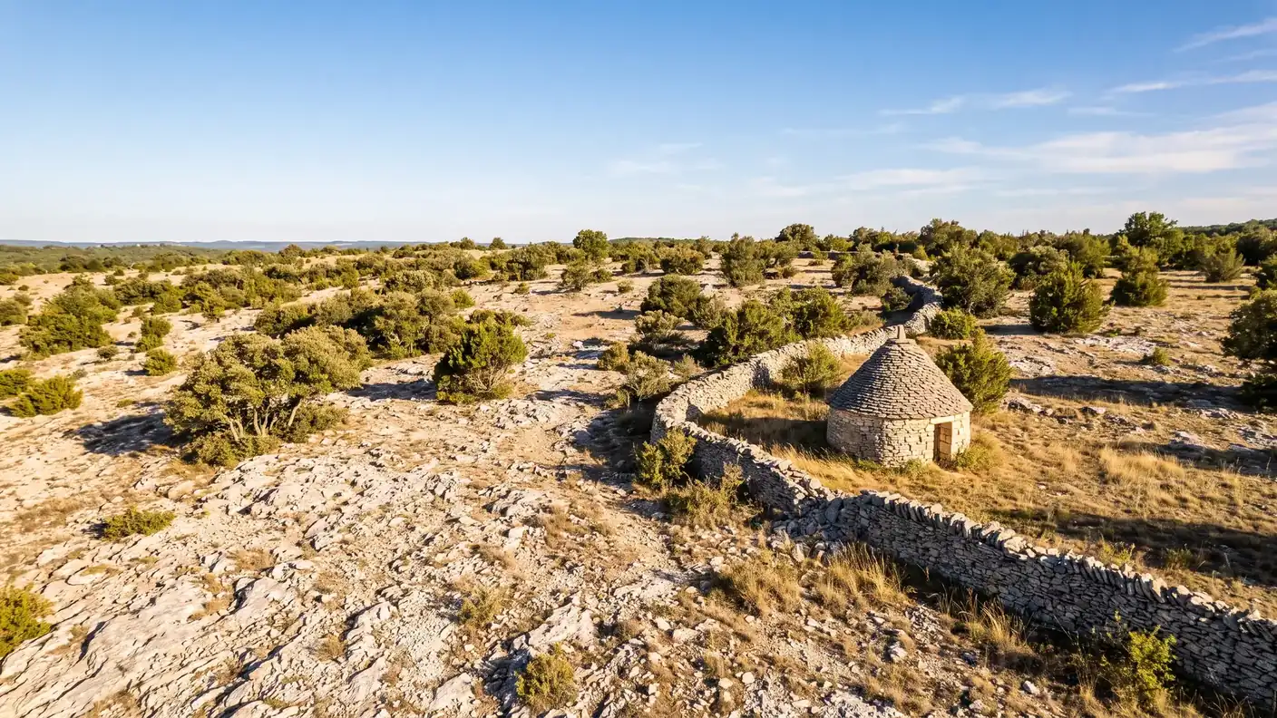 Cazelle y muro de piedra seca en la meseta del Quercy