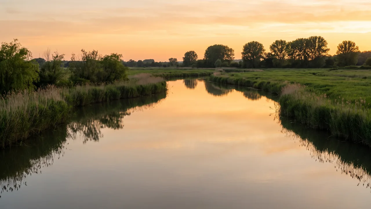 El río Charente serpentea por las verdes marismas cerca de Rochefort, con aguas tranquilas, cañaverales y orillas boscosas