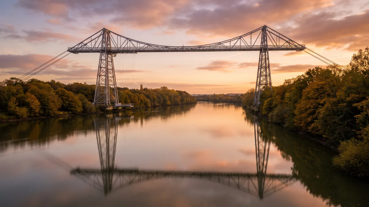 El puente transbordador del Martrou en Rochefort, una elevada estructura de acero en celosía que cruza el río Charente al atardecer