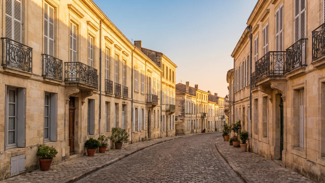 Calle del casco antiguo de Rochefort, casas de piedra del siglo XVIII con contraventanas altas y balcones de hierro forjado