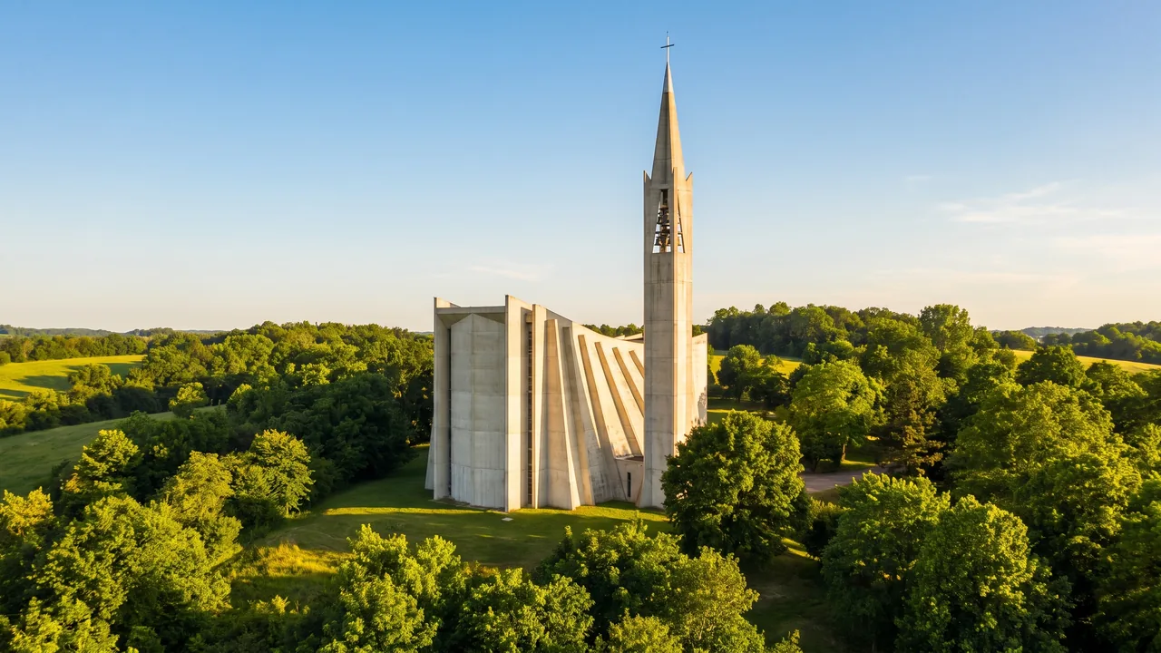La iglesia de Nuestra Señora de Royan, una estructura de hormigón en bruto con esbeltas nervaduras verticales y un campanario afilado, recortada contra un cielo despejado