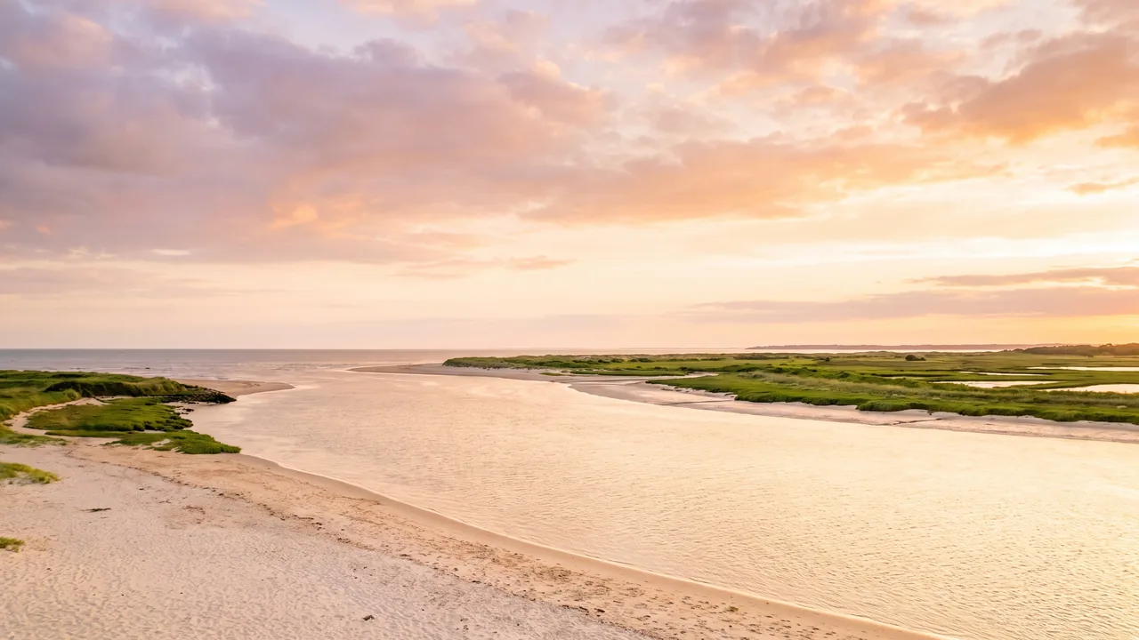 La luminosa desembocadura del río Gironda al encontrarse con el Atlántico al atardecer, con una costa de arena clara y un amplio cielo apacible