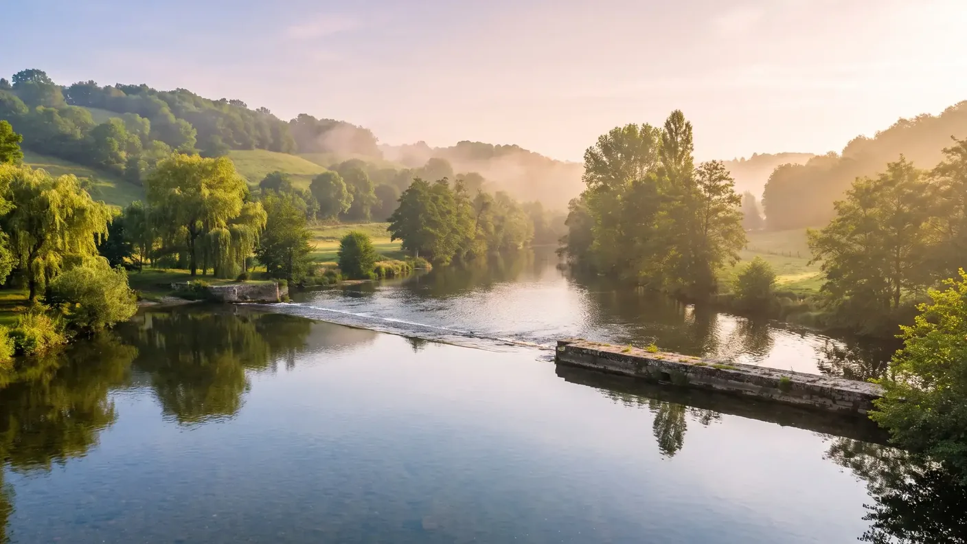 El río Viena, cerca de Saillat-sur-Vienne, en el Limousin occidental — destino del traslado privado Burdeos → Saillat-sur-Vienne