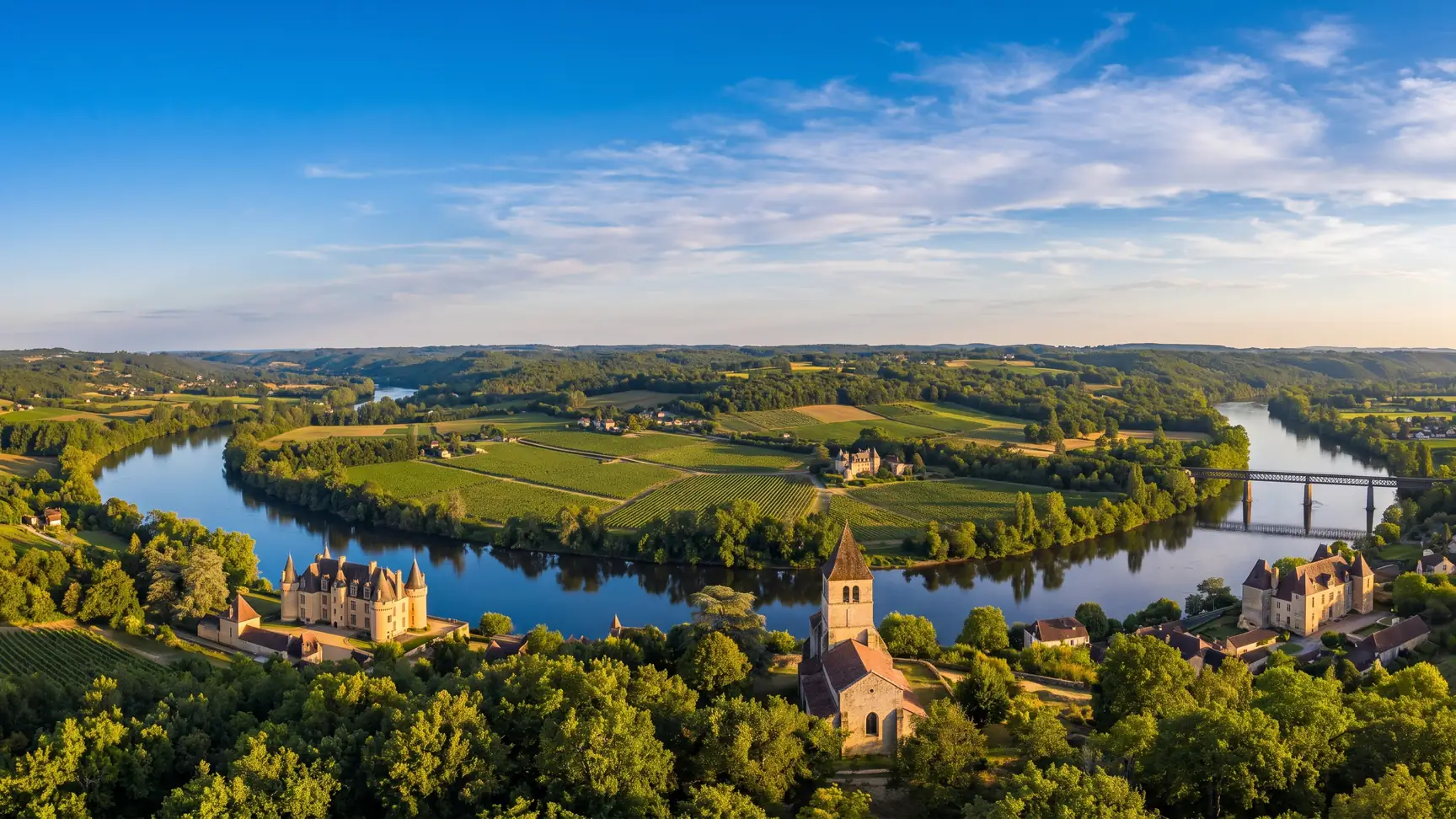 Panorama de la Dordoña, sus viñedos y el puente de Cubzac