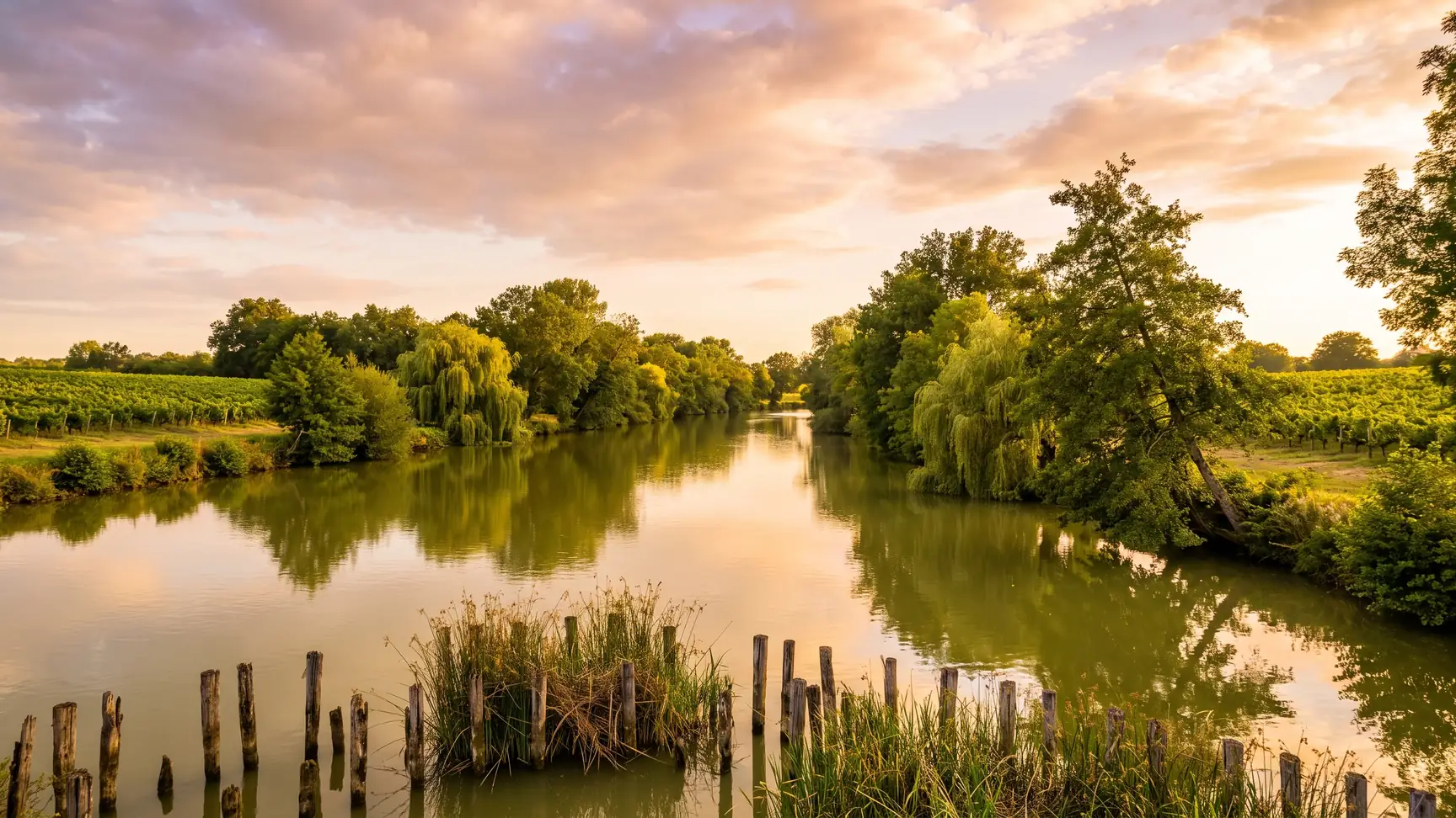 El río Isle y sus riberas arboladas cerca de Saint-Denis-de-Pile