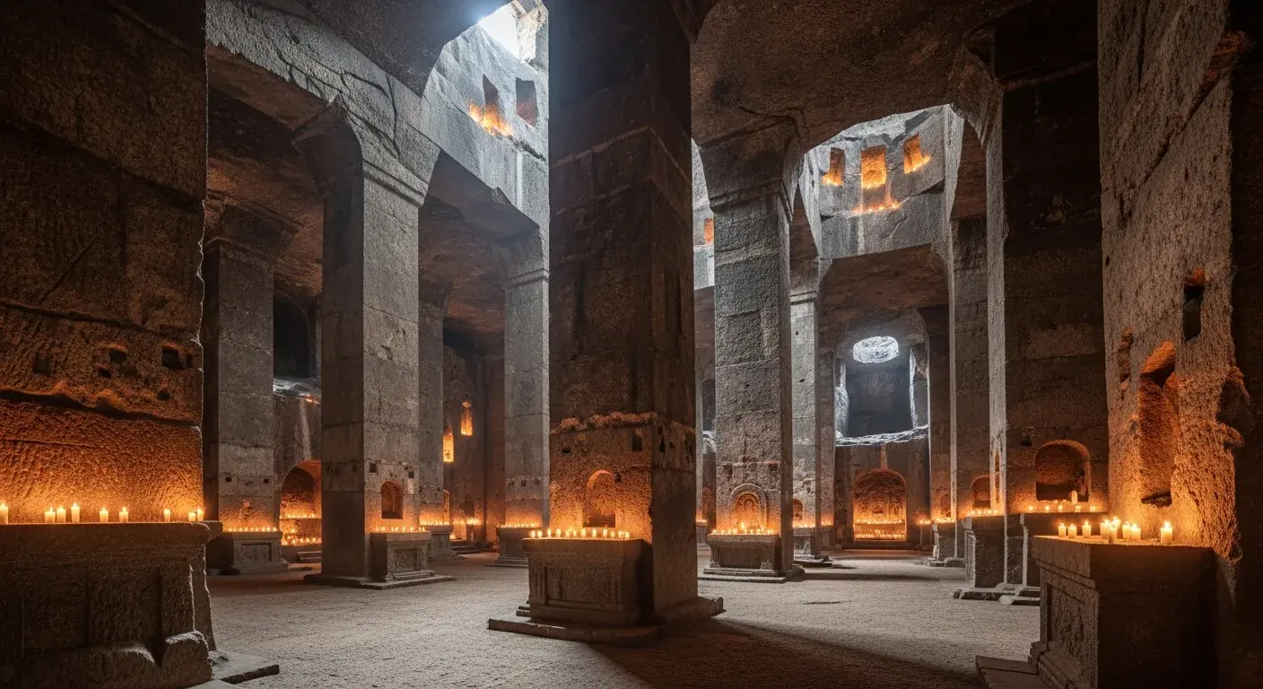 Interior de la iglesia monolítica de Saint-Émilion, la iglesia subterránea más grande de Europa, excavada en el siglo XI