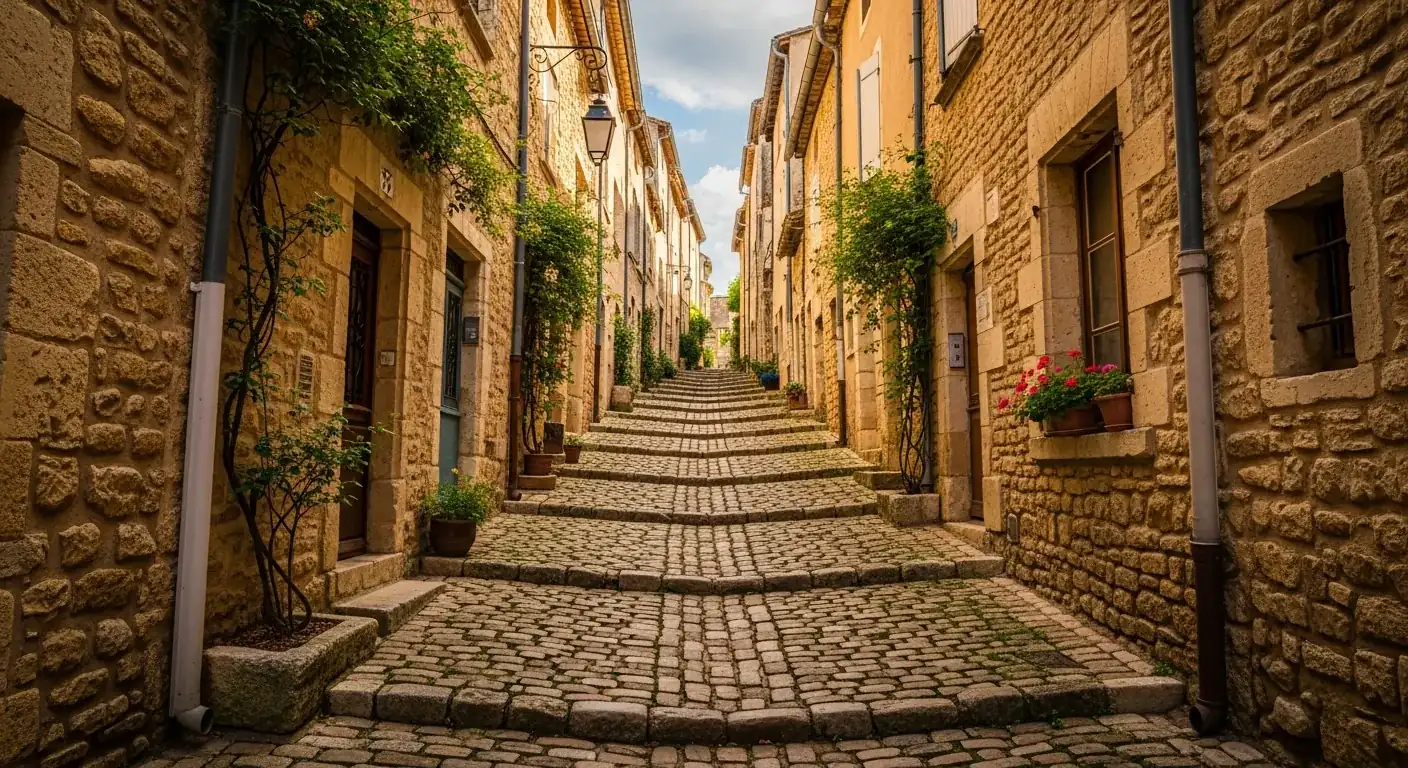 Les Tertres, callejuelas empedradas y en pendiente del pueblo medieval de Saint-Émilion, con casas de piedra clara