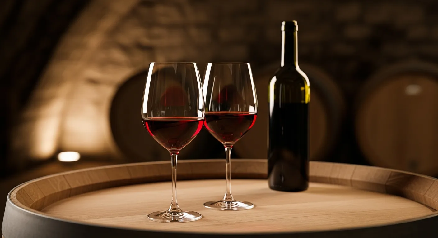 Cata de vinos tintos Saint-Émilion Grand Cru en una bodega tradicional con barricas de roble
