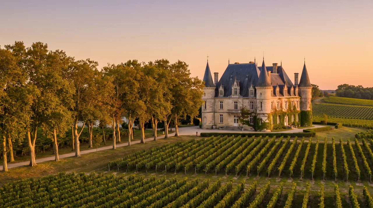 Gran castillo vinícola del Médoc, construido en piedra clara, con torres y una avenida arbolada, rodeado de viñedos y bañado por una luz cálida