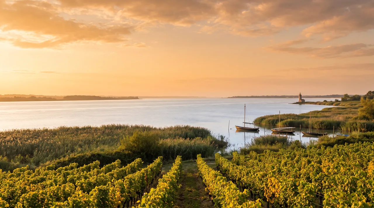 El extenso estuario de la Gironda al atardecer, visto desde una orilla cubierta de viñedos en Saint-Estèphe, con aguas plateadas y bancos de juncos