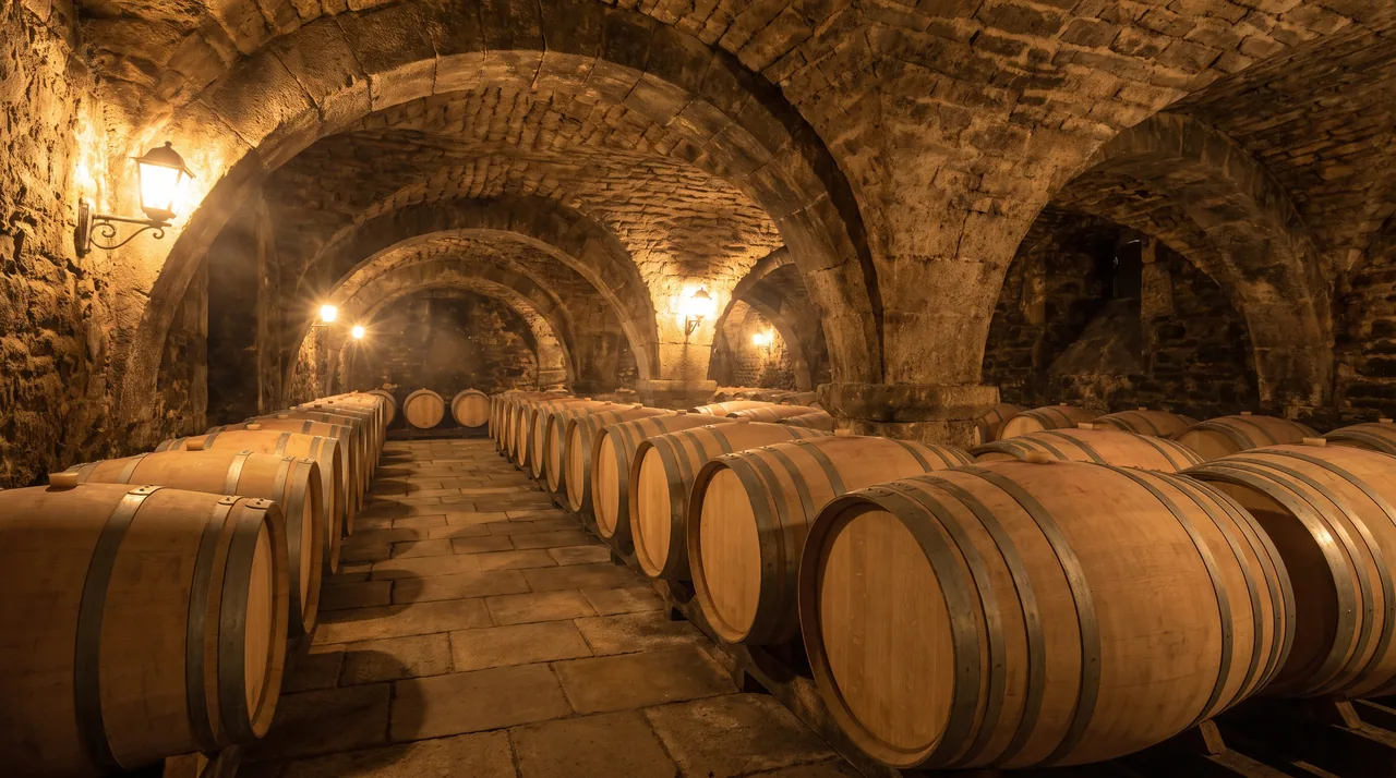 Barricas de roble nuevas alineadas en una bodega abovedada de piedra en Saint-Estèphe, con una luz cálida y tamizada sobre la madera