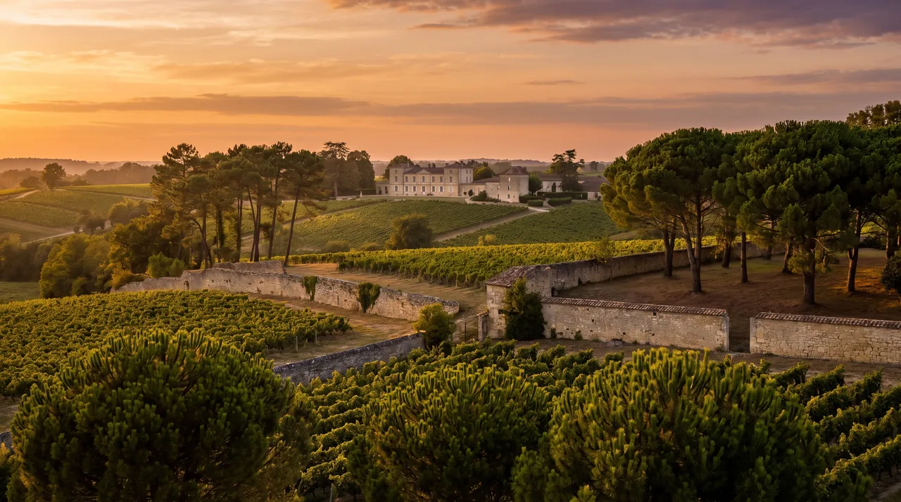 Campiña del Médoc, cerca de Saint-Estèphe, al atardecer: viñedos, setos, pinos marítimos y una finca de piedra a lo lejos