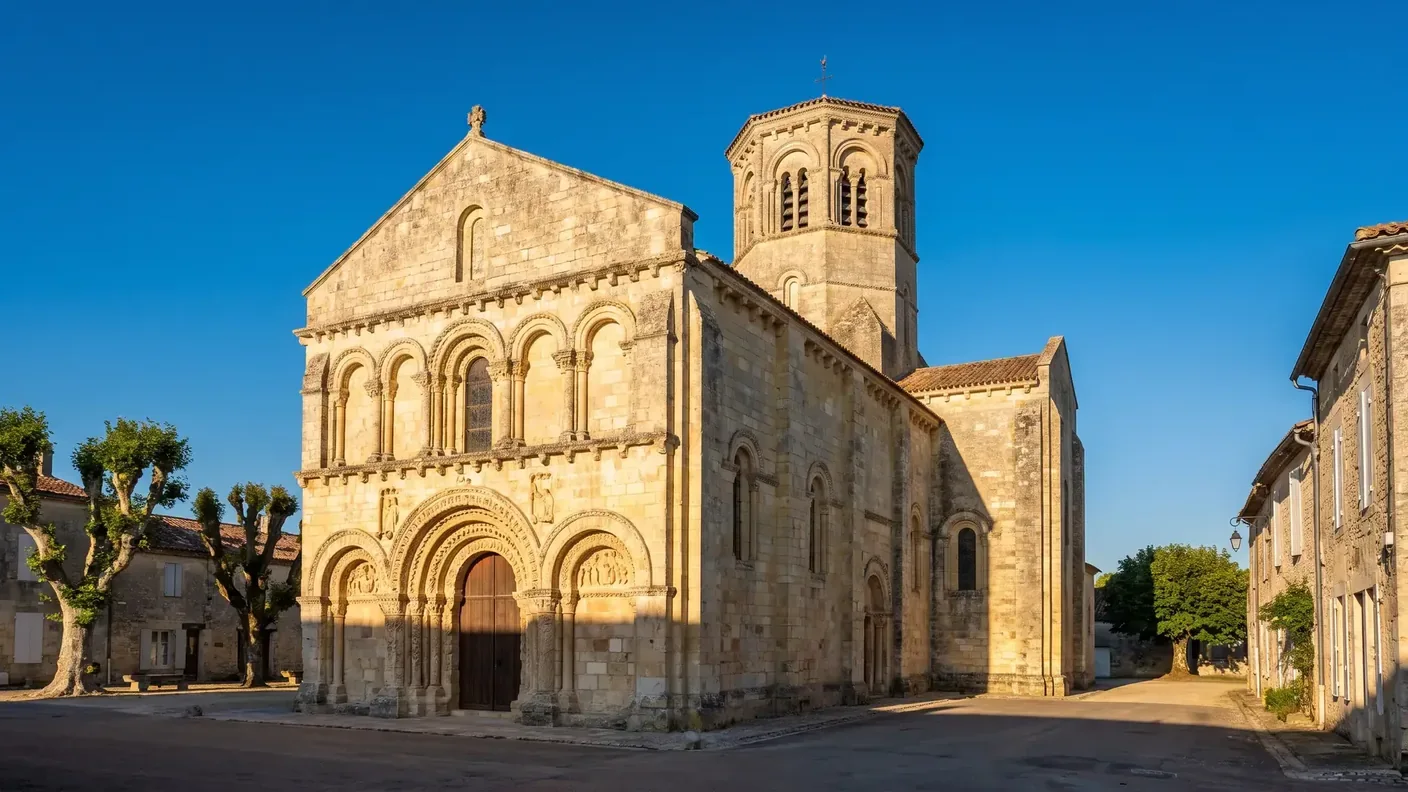 Una iglesia románica de la región de Saintonge, construida en piedra caliza clara, con una fachada esculpida con arcadas de medio punto y un pórtico con dovelas.