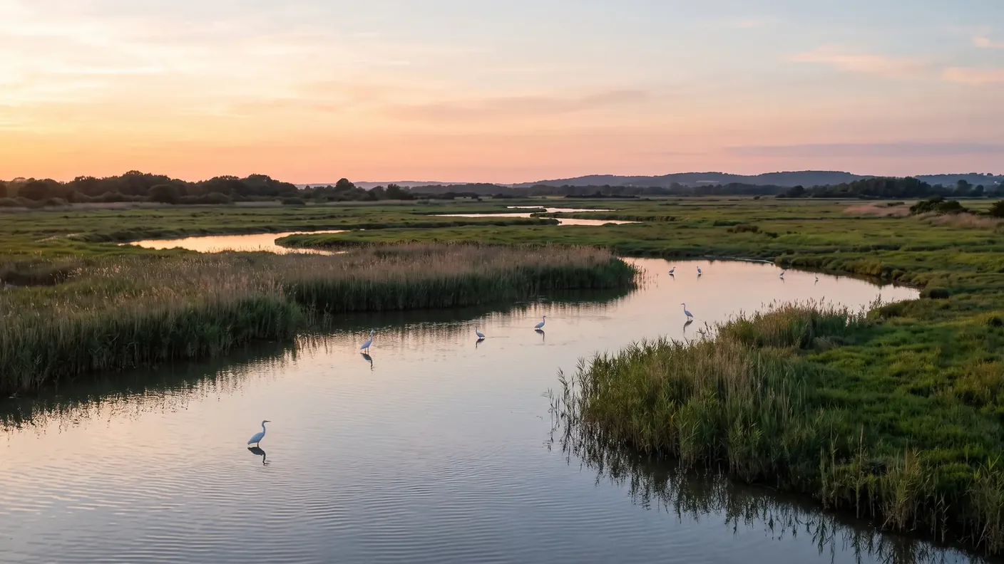 Marismas estuarinas al atardecer a orillas del estuario de la Gironda, meandros de agua, juncos