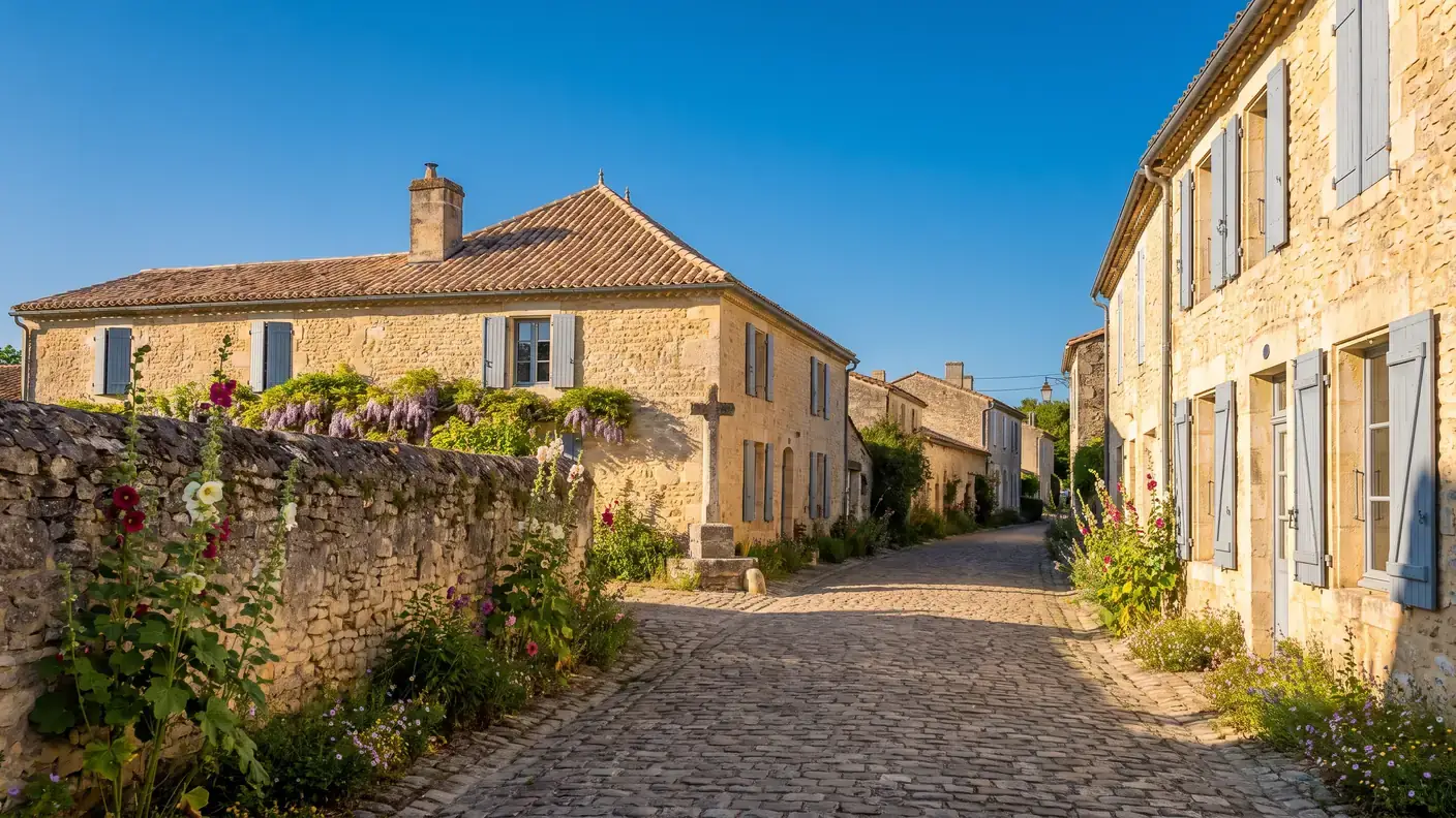 Una callejuela de piedra caliza dorada en una aldea de la Saintonge, con casas de contraventanas azul grisáceas y tejados de tejas