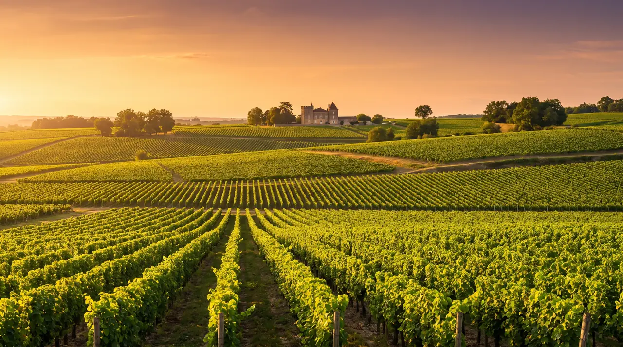 Filas de viñedos de Fronsac en laderas arcillo-calcáreas a la luz del atardecer, con un castillo de piedra a lo lejos