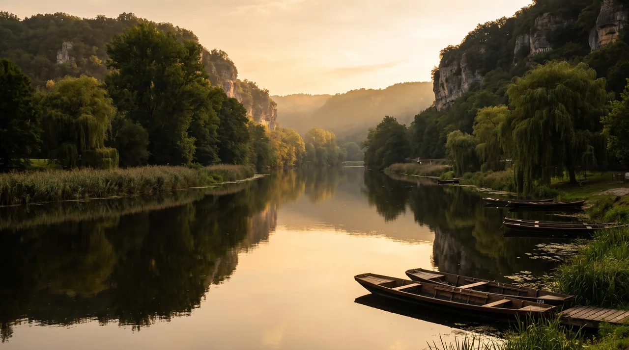 La tranquila Dordoña al atardecer, a los pies de acantilados calcáreos cubiertos de bosques, con sauces y juncos a orillas del río