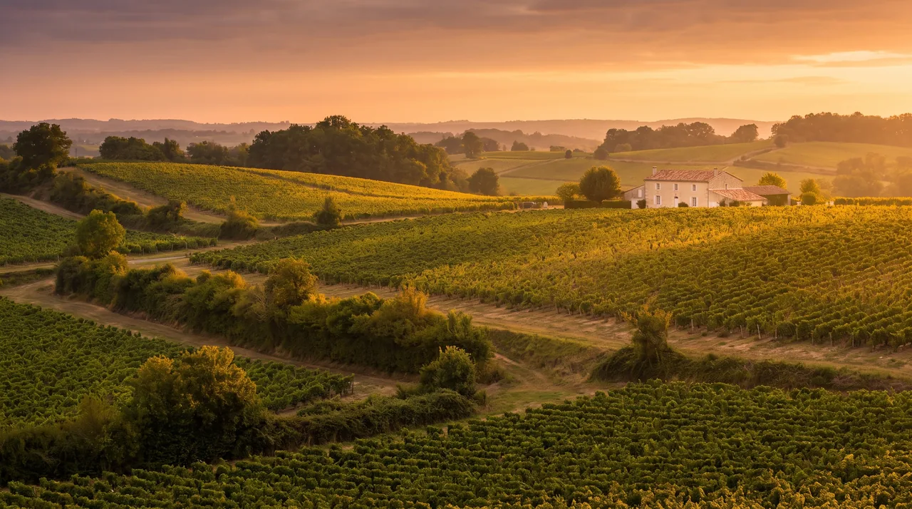 Campiña ondulada de Fronsadais, cerca de Saint-Germain-de-la-Rivière, al atardecer: viñedos, setos y una granja a lo lejos