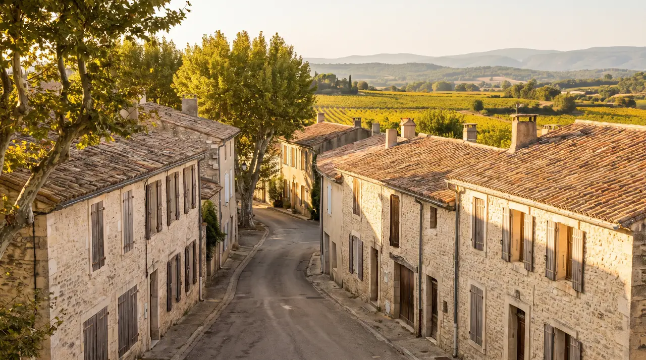 Callejuela tranquila de una aldea de piedra de la región de Fronsadais, con casas luminosas con contraventanas y tejados de tejas, sin coches